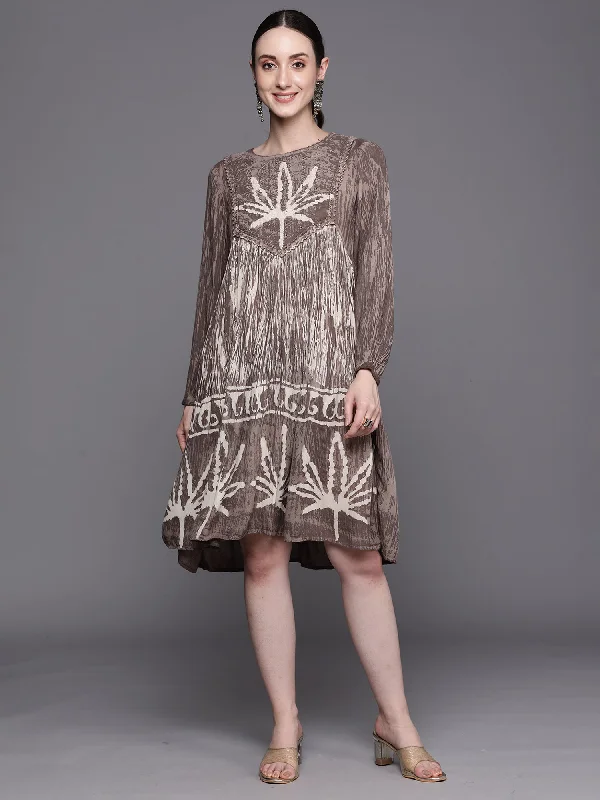 Women's Brown Tie & Dye Printed Smart Casual Partywear Dress - Indo Era sweetheart Neckline Romantic Women's Brown Tie & Dye Printed Smart Casual Partywear Dress - Indo Era sweetheart Neckline Romantic