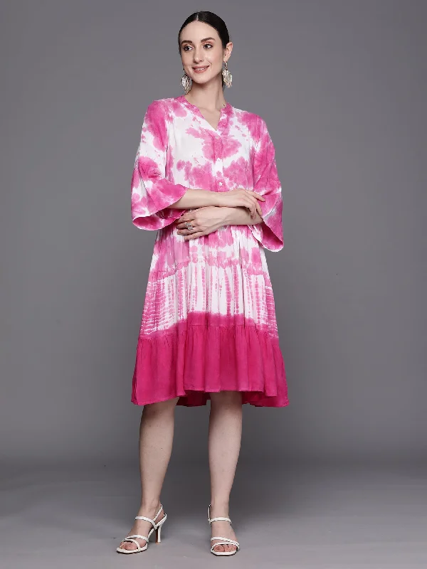Women's Pink Tie & Dye Printed Smart Casual Partywear Dress - Indo Era Tunics Satin smooth Women's Pink Tie & Dye Printed Smart Casual Partywear Dress - Indo Era Tunics Satin smooth