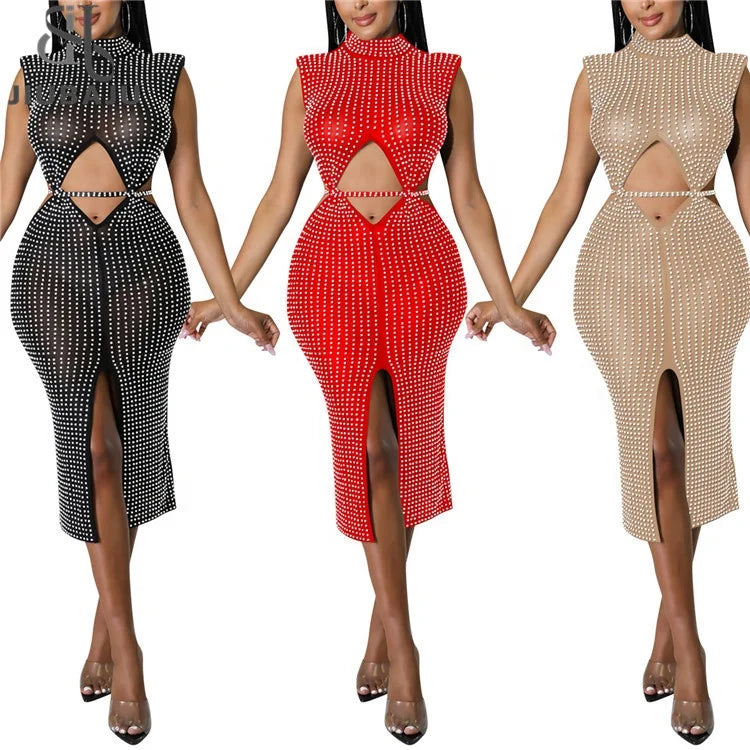 2024 New Summer See Through Mesh Diamonds For Women Birthday Sexy Club Party Spilt Dresses Tunics Vintage classic