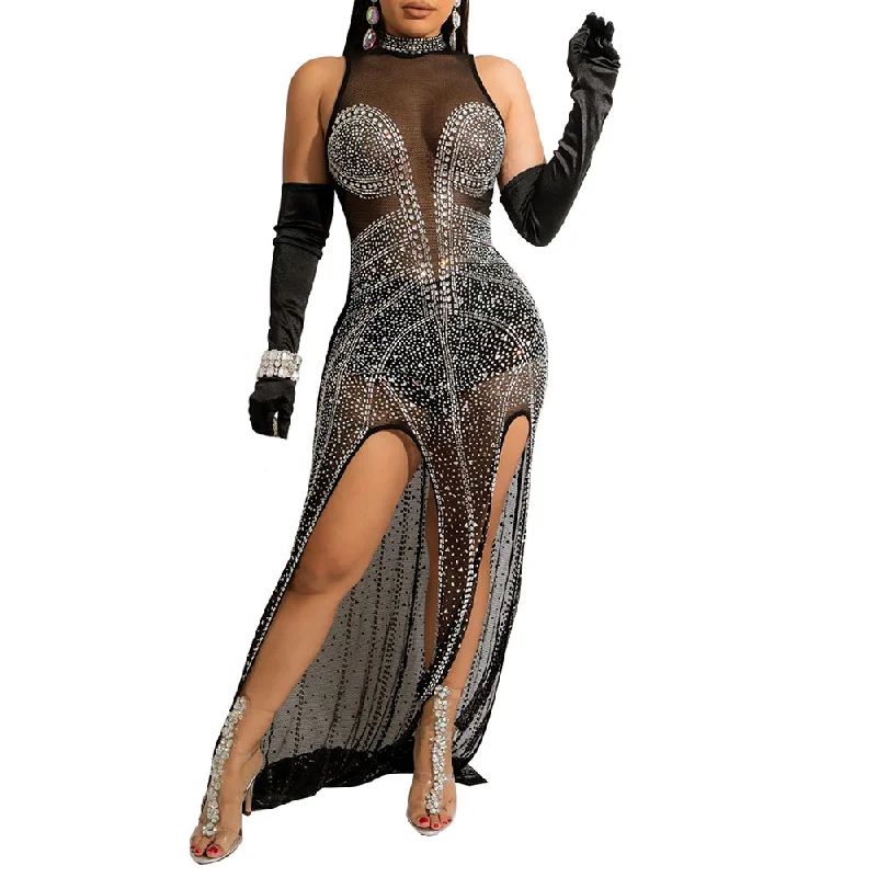Black Mesh Club Prom Rhinestones Women Lady Elegant Party Luxurious Sexy Dresses Tunics New arrival