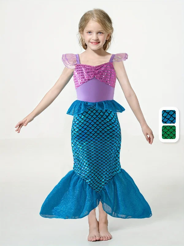Girls Cartoon Mermaid Princess Dress Up Clothing, Flutter Sleeve Sequin Decor Peplum Mermaid Tail Dress For Pool Party Tunics Bridal satin Girls Cartoon Mermaid Princess Dress Up Clothing, Flutter Sleeve Sequin Decor Peplum Mermaid Tail Dress For Pool Party Tunics Bridal satin