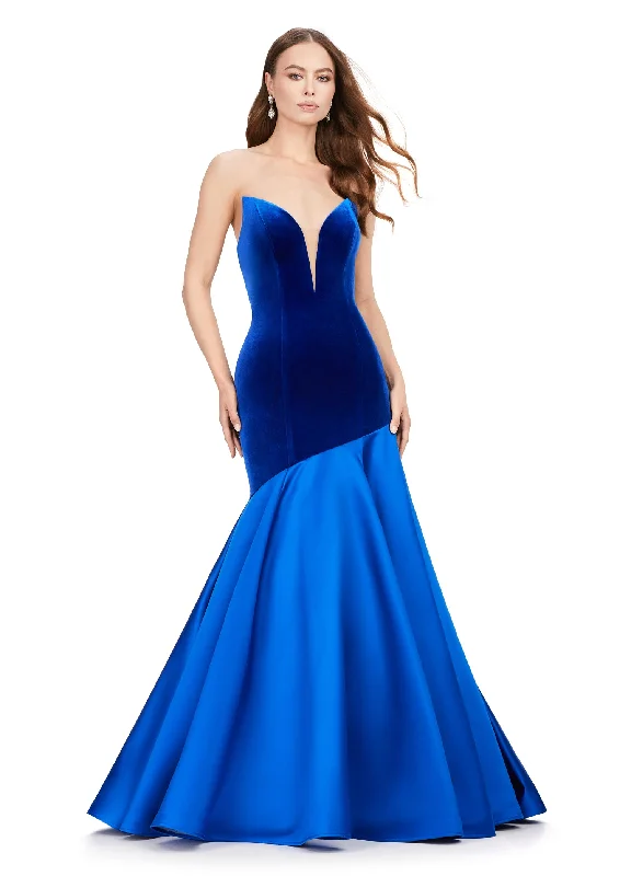 Ashley Lauren 11264 Strapless Velvet Heavy Satin Asymmetrical Flare Skirt V-Neck Mermaid Formal Gown ribbed skirt waist Ashley Lauren 11264 Strapless Velvet Heavy Satin Asymmetrical Flare Skirt V-Neck Mermaid Formal Gown ribbed skirt waist