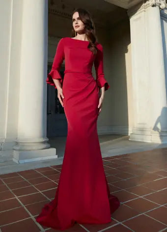 Ashley Lauren 11325 Crew Neck Three Quarter Flutter Sleeves Ruched Skirt Fitted Gown breathable skirt fabric Ashley Lauren 11325 Crew Neck Three Quarter Flutter Sleeves Ruched Skirt Fitted Gown breathable skirt fabric
