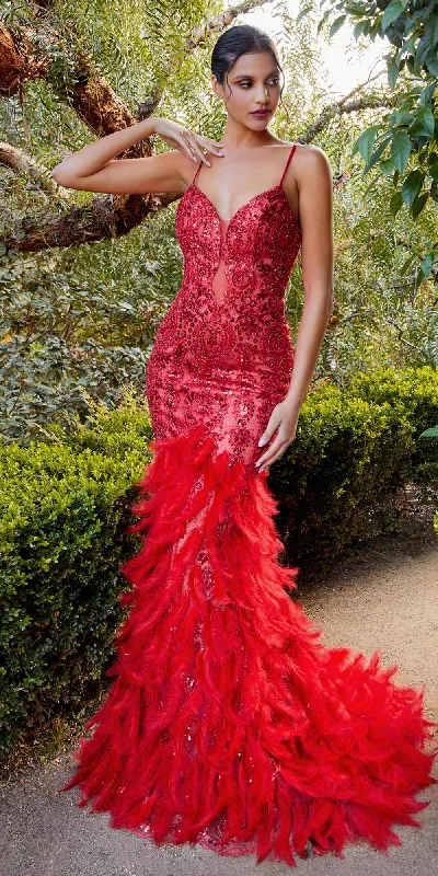 Andrea & Leo A1297 Long Fitted Red Mermaid Gown with Feather Skirt denim skirt classic Andrea & Leo A1297 Long Fitted Red Mermaid Gown with Feather Skirt denim skirt classic