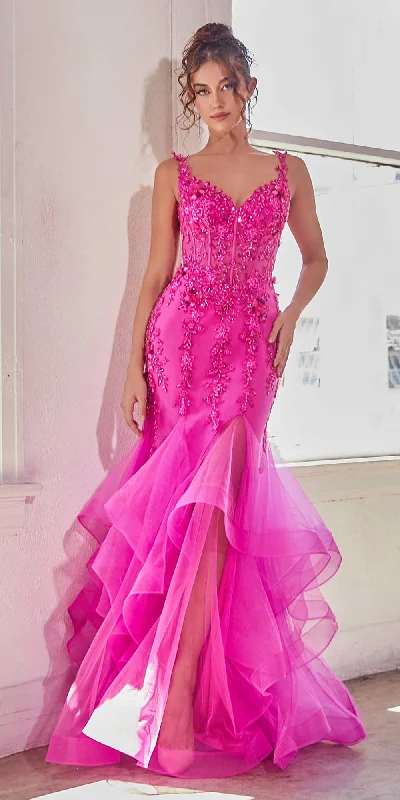 Ladivine CD331 Long Fuchsia Mermaid Embellished Ruffle Skirt Gown denim skirt durable Ladivine CD331 Long Fuchsia Mermaid Embellished Ruffle Skirt Gown denim skirt durable