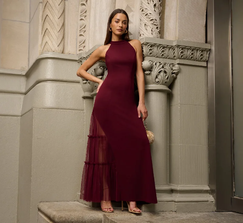 Crepe Halter Gown With Sheer Ruffled Mesh Skirt In Blackened Red lace skirt intricate Crepe Halter Gown With Sheer Ruffled Mesh Skirt In Blackened Red lace skirt intricate