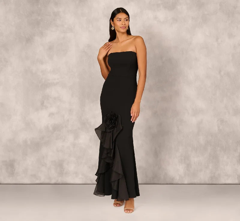 Crepe Strapless Mermaid Gown With Organza Ruffle Skirt In Black linen skirt breathable Crepe Strapless Mermaid Gown With Organza Ruffle Skirt In Black linen skirt breathable