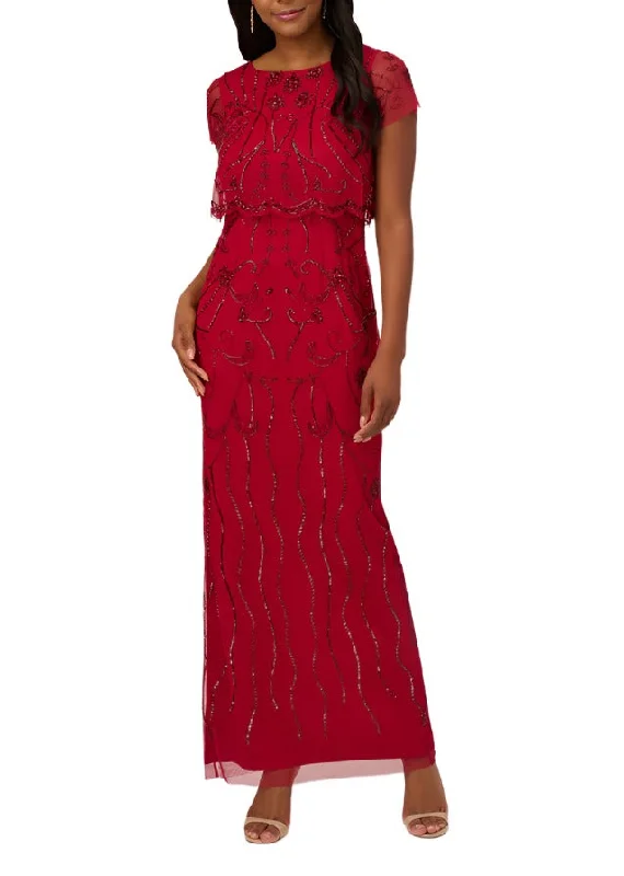 Adrianna Papell boat neck cap sleeve scalloped popover zipper closure column skirt embellished mesh gown denim skirt casual Adrianna Papell boat neck cap sleeve scalloped popover zipper closure column skirt embellished mesh gown denim skirt casual
