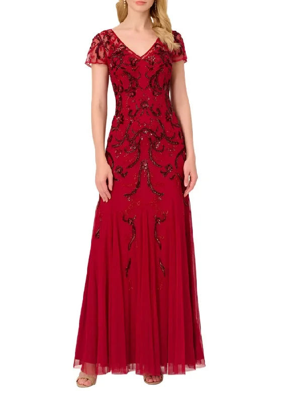 Adrianna Papell V-neck cap sleeve zipper closure beaded mesh gown with godet skirt leather skirt durable Adrianna Papell V-neck cap sleeve zipper closure beaded mesh gown with godet skirt leather skirt durable