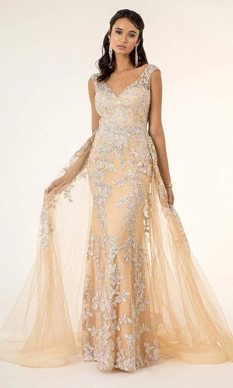 GLS by Gloria - GL1920 Beaded Simple Prom Gown with Sheer Overskirt chiffon skirt delicate GLS by Gloria - GL1920 Beaded Simple Prom Gown with Sheer Overskirt chiffon skirt delicate