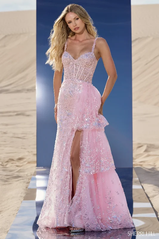 Sherri Hill 56589 Sequin Gown with Corset Bodice, Side Ruffle Over Skirt and High Slit chiffon skirt airy Sherri Hill 56589 Sequin Gown with Corset Bodice, Side Ruffle Over Skirt and High Slit chiffon skirt airy