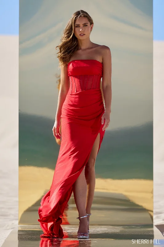 Sherri Hill 56625 Strapless Jersey Gown with Sheer Corset Bodice and Skirt Slit denim skirt fashionable Sherri Hill 56625 Strapless Jersey Gown with Sheer Corset Bodice and Skirt Slit denim skirt fashionable