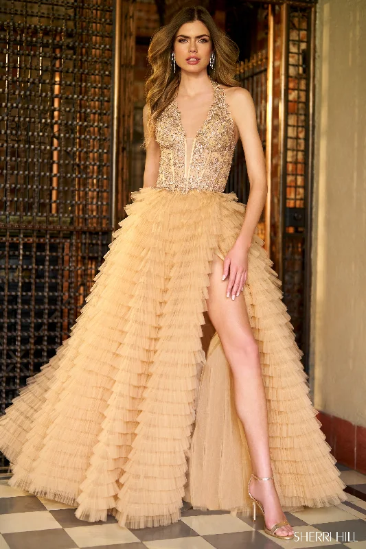 Sherri Hill 56650 Halter Gown with Leaf Lace Corset Bodice, and a Ruffle Skirt with High Slit linen skirt relaxed Sherri Hill 56650 Halter Gown with Leaf Lace Corset Bodice, and a Ruffle Skirt with High Slit linen skirt relaxed