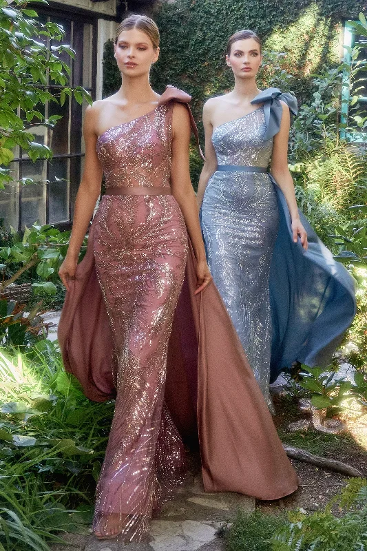 Allure's Captivating Gown: Beaded Bodice, Asymmetrical Neckline, Detachable Overskirt zip skirt side Allure's Captivating Gown: Beaded Bodice, Asymmetrical Neckline, Detachable Overskirt zip skirt side