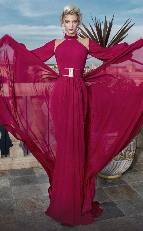 MNM Couture - 2480A High Neck Long Puff Sleeved Gown with Overskirt chiffon skirt delicate MNM Couture - 2480A High Neck Long Puff Sleeved Gown with Overskirt chiffon skirt delicate