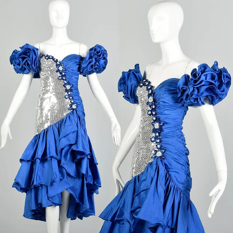 XS 1980s Blue Silver Sequin Calypso Gown Hi Lo Ruffle Hem Asymmetric Taffeta Skirt leather skirt modern XS 1980s Blue Silver Sequin Calypso Gown Hi Lo Ruffle Hem Asymmetric Taffeta Skirt leather skirt modern