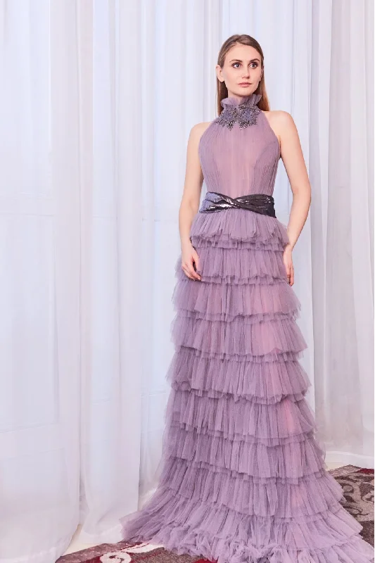 Jeweled neck tiered skirt gown silk skirt luxurious