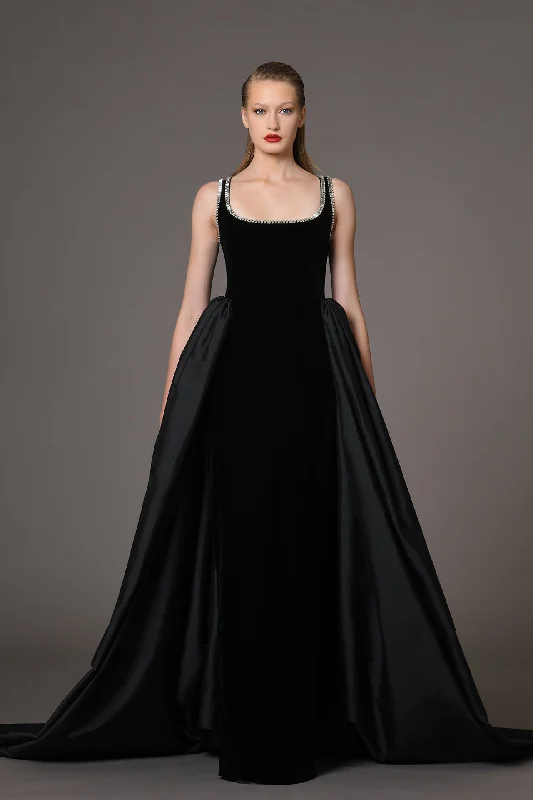 Velvet gown with embroidery and taffeta overskirt chiffon skirt delicate